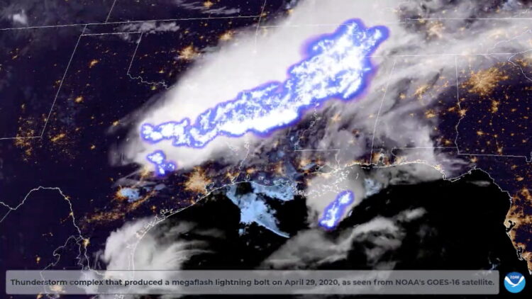 A satellite image shows a thunderstorm and megaflash lightning on April 29, 2020, in this screengrab taken from video. February 1, 2022. Must credit NOAA/via REUTERS ATTENTON EDITORS - THIS IMAGE HAS BEEN SUPPLIED BY A THIRD PARTY. MANDATORY CREDIT. NO RESALES. NO ARCHIVES.