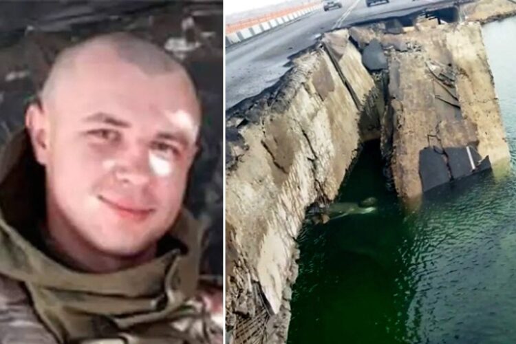 우크라이나 해병대 병사 비탈리 샤쿤 볼로디미로비치(왼쪽)가 러시아군 탱크의 진격을 막기 위해 다리에서 자폭한 사실이 전해졌다. 오른쪽은 그가 폭파한 다리. [Politika 캡처]