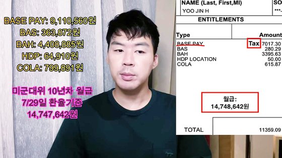 매달 1500만원 꽂힌다? 10년차 미군 대위 '월급명세서' 보니