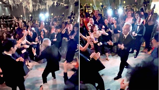 13일(현지시간) 배우 오영수(78)가 미국 로스앤젤레스(LA) 마이크로소프트시어터에서 열린 제74회 에미상 시상식 이후 열린 애프터파티에서 화려한 춤사위를 선보였다. 사진 미나 해리스 작가 트위터 캡처.