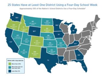미국 주별 '주 4일제 수업' 도입률. 전미주의회의원연맹 웹사이트 캡처.