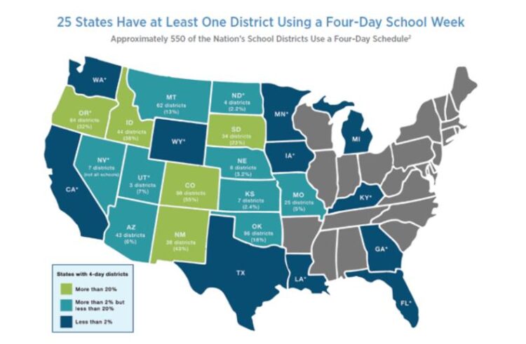 미국 주별 '주 4일제 수업' 도입률. 전미주의회의원연맹 웹사이트 캡처.