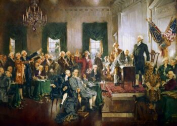 1787년 필라델피아 연방헌법제정회의(Constitutional Convention) 모습을 그린 기록화. 55명의 대표자 중 서명한 39명 ‘건국의 아버지(The Founding Fathers)'들이 묘사돼 있다. 앞에 단상에 서 있는 사람이 만장일치로 의장에 추대된 조지 워싱턴, 앞에 지팡이 들고 의자에 앉은 사람은 81세의 벤저민 프랭클린, 그 뒤는 초대 재무장관을 역임한 알렉산더 해밀턴이다. 4개월간의 격론 끝에 9월 17일 최종 확정된 연방헌법은 이듬해인 1788년 11개주의 비준을 거쳐 공식 발효됐다. [중앙포토]