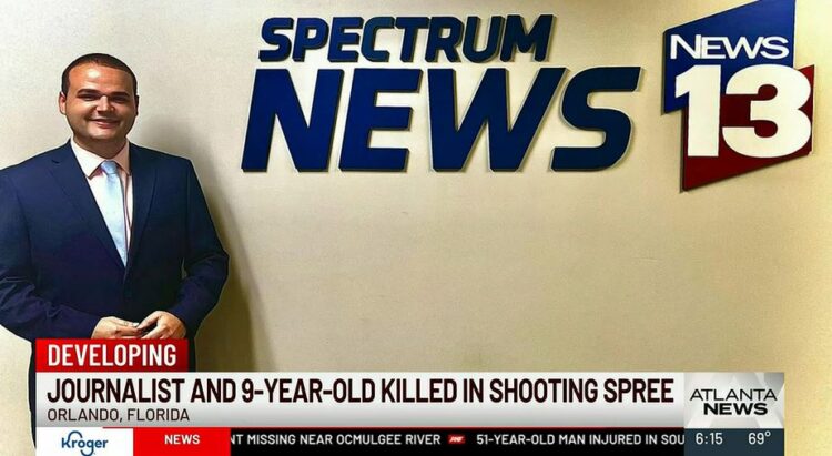 플로리다주 올랜도에서 잇따라 발생한 총격 사건을 보도 중에 총격 사망한 스펙트럼뉴스13 방송 기자. ANF 보도영상 캡처
