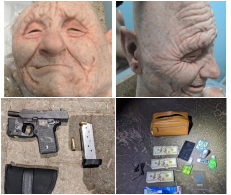 체포 당시 코르시악의 차량에서 발견된 노인 가면과 권총과 현금 등 소지품. 법무부 제공.