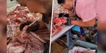 알몸김치, 소변 맥주 파문 이어 중국 정육점 '입 발골' 충격 영상