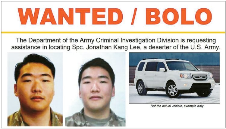 지난 2월 24일 육군범죄수사과(CID)가 성학대 혐의로 중범죄 판결을 받은 조나단 강 이 탈영병에 공개수배를 내린 전단지. 옆은 도주차량 모델. [CID 제공]