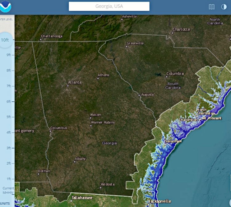 해수면이 10피트 높아질 경우 바닷속에 잠기는 조지아 해변 지역 [NOAA 지도 캡처]