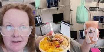 '노트북 농장' 운영자 크리스티나 채프먼이 소셜미디어 계정에서 자신의 아침메뉴를 소개하고 있다. 그 뒤로 다수의 노트북 컴퓨터가 눈에 띈다. 틱톡 캡처. 연합뉴스.