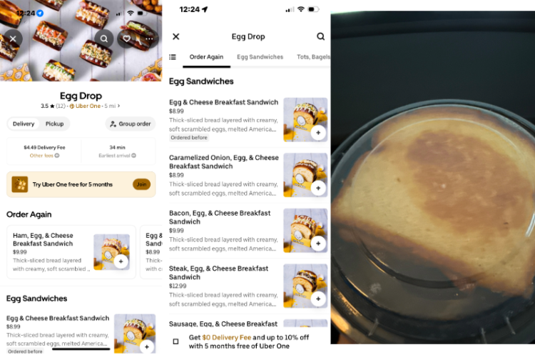 최양이 제보한 우버이츠 페이지에 뜬 메뉴 사진과 실제로 받은 샌드위치 사진.