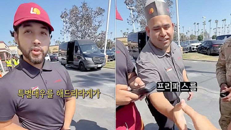 최근 문을 연 롯데리아 미국 1호점을 찾은 미군들이 직원들로부터 특별대우를 받아 화제다. 사진 유튜브 ‘아미 안’(ARMY AHN) 영상 캡처