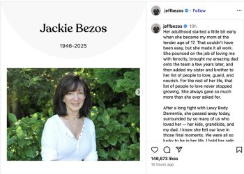 제프 베이조스 아마존 창업자가 인스타그램에 게시한 어머니 재키 베이조스의 별세 소식 [인스타그램 캡처]