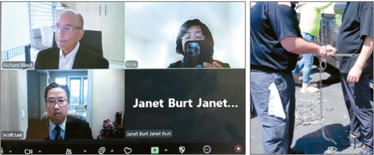 지난 15일 열린 '현대 ICE 단속에 따른 기업 대응 방안' 줌 세미나. 오른쪽 사진은 지난 4일 ICE 요원이 현대·LG 배터리 공장 근로자에게 수갑을 채우고 있다. [KITA 제공·로이터]