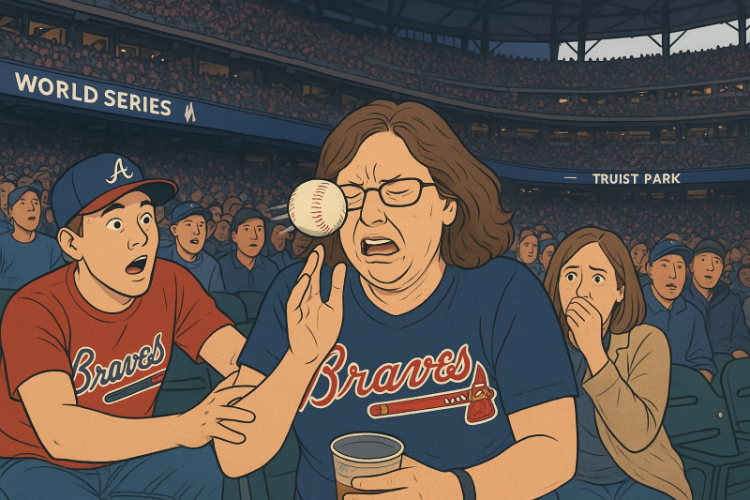 날아오는 야구공에 눈을 맞은 관객 일러스트. [AI 생성 이미지]