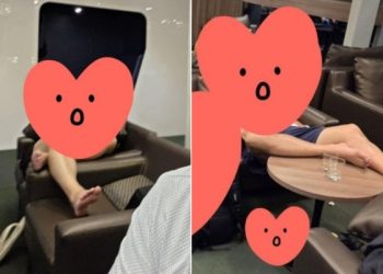 베트남 다낭 국제공항 라운지에서 맨발로 테이블에 발을 올린 채 쉬고 있는 한국인 여행객 모습. 사진 온라인 커뮤니티 캡처