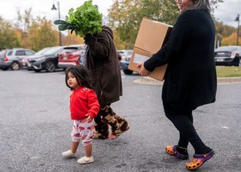10월 28일 메릴랜드주 하이엇츠빌의 캐피털 에어리어 푸드 뱅크 유통 센터에서 연방 공무원들에게 식량을 나눠주고 있다. 아들과 함께 식량을 수령해가는 공무원. [로이터]