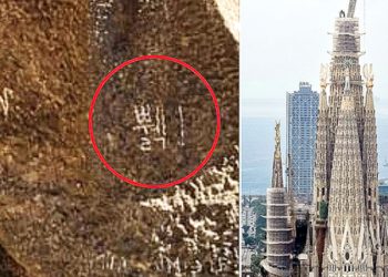 스페인 바르셀로나 사그라다 파밀리아 성당(오른쪽)의 한 기둥에 쓰여 있는 한글 낙서. 사진 SNS, EPA=연합뉴스