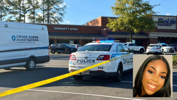 사건이 발생한 둘루스 쇼핑몰 주차장에 귀넷 경찰이 출동한 모습.