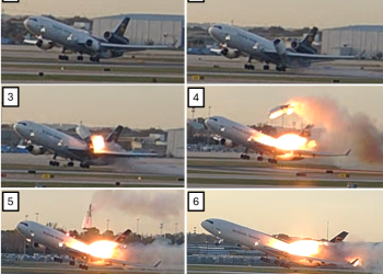 공항 감시 영상의 스틸 이미지. 왼쪽 엔진과 왼쪽 파일런이 왼쪽 날개에서 분리되는 모습. [UPS 제공]