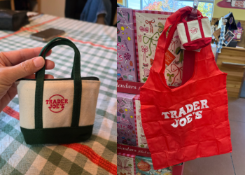 손바닥만한 크기의 마이크로 토트백. 네이비백에는 네이비색 장바구니가, 빨강색에는 빨간 장바구니가 들어있다. [독자 제공]