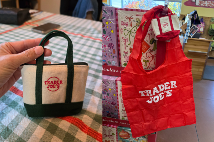 손바닥만한 크기의 마이크로 토트백. 네이비백에는 네이비색 장바구니가, 빨강색에는 빨간 장바구니가 들어있다. [독자 제공]