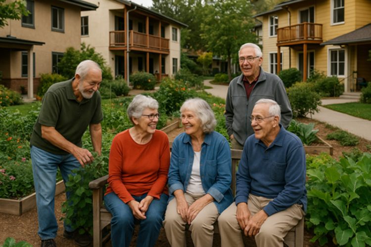 은퇴한 노인들이 뜻이 맞는 사람들과 땅을 사서 함께 설계·건설·운영하는 노년층 주거 공동체 '코하우징 커뮤니티(Cohousing community)'. 사진 챗gpt