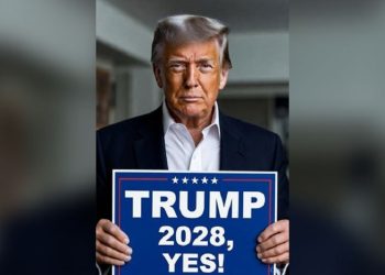 '트럼프 2028'이라고 적힌 피켓을 든 트럼프 이미지 [트럼프 트루스소셜 캡처]