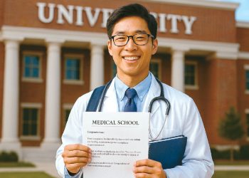 의지와 실력만 있다면 무료로 명문 의대를 다닐 수 있는 시대가 도래했다. 의대 지망생이 의대 합격증을 자랑스럽게 보여주고 있다. [Copilot생성]