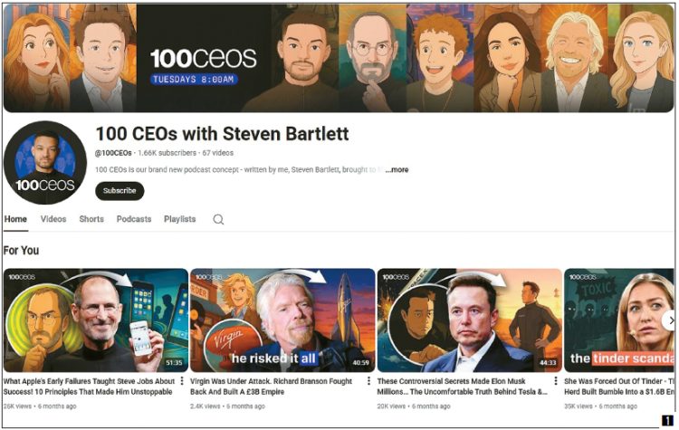 인기 팟캐스트 진행자 스티븐 바틀릿이 자신의 목소리를 복제한 AI가 내레이션을 맡은 유튜브 채널 ‘100 CEOs With Steven Bartlett’. [유튜브 스크린샷]