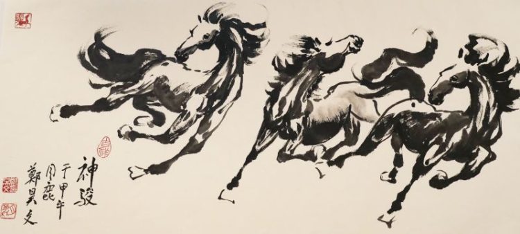 사진은 월록 정호문 작가(조지아주 노크로스 거주)의 말 그림. 앞발을 들고 갈기를 휘날리며 하늘을 향해 고개를 높게 치켜든 준마들의 모습에서 힘찬 생명력이 느껴진다.