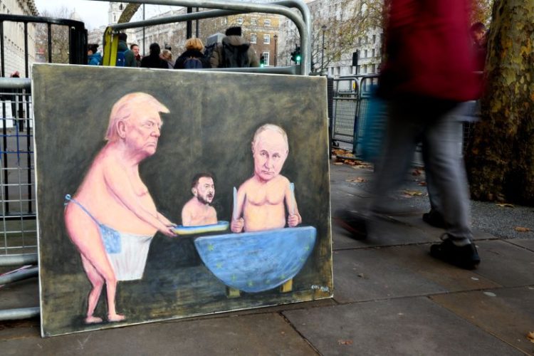 지난 8일 영국 런던 거리에 등장한 트럼프, 푸틴, 젠렌스키 풍자 그림. [로이터]