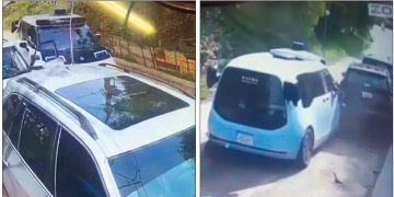 지난 25일 에코파크의 좁은 주택가 도로에서 웨이모(Waymo) 차량이 도로를 이탈해 주차된 차량 여러 대와 잇따라 충돌하는 사고가 발생했다. [폭스11 캡처]