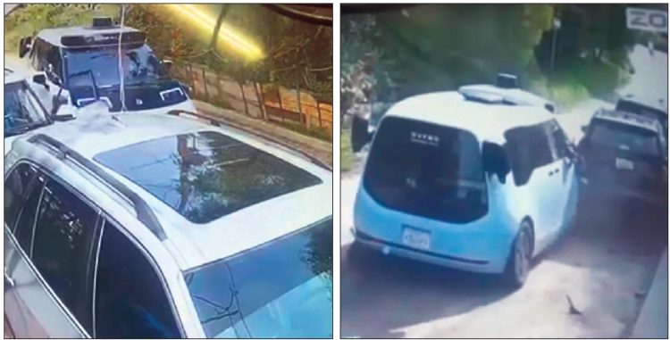 지난 25일 에코파크의 좁은 주택가 도로에서 웨이모(Waymo) 차량이 도로를 이탈해 주차된 차량 여러 대와 잇따라 충돌하는 사고가 발생했다. [폭스11 캡처]