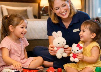 호텔에서 베이비시터와 놀고 있는 아이들의 모습. 사진 챗gpt