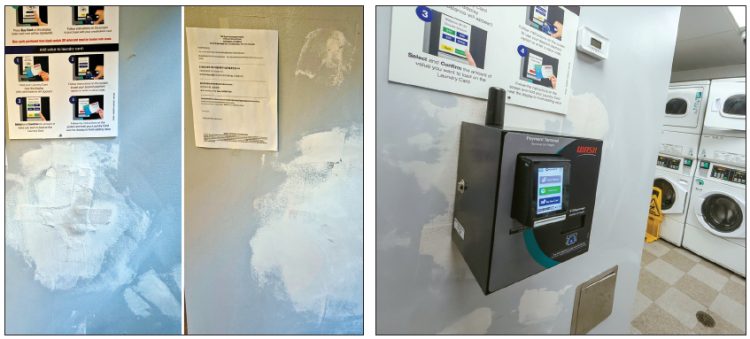 올리브 아파트의 세탁카드와 동전 교환기가 설치됐던 자리. 맨 오른쪽 사진은 새로 설치된 세탁카드 충전 단말기. [주민 제공]