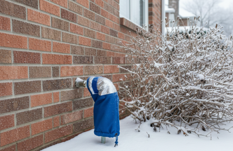 배관 동파를 막기 위해 옥외 수도꼭지에 덮개를 씌우는 것이 좋다. [AI 생성 이미지]