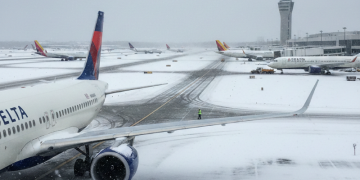 이번 주말 조지아주를 비롯한 남부 일대에 겨울 폭풍이 예보된 가운데, 항공사들은 여행객들이 항공편을 변경하도록 촉구하고 있다. [AI 생성 이미지]
