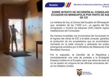 27일 에콰도르 영사관 진입 사건 당시 찍힌 동영상의 한 장면. 이 사건과 관련해 에콰도르 외교부가 항의 성명(오른쪽)을 발표했다. 사진 에콰도르 정부 홈페이지 캡처