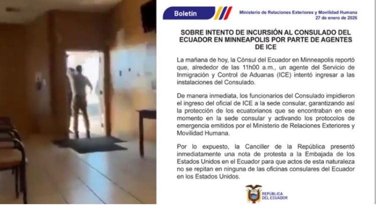 27일 에콰도르 영사관 진입 사건 당시 찍힌 동영상의 한 장면. 이 사건과 관련해 에콰도르 외교부가 항의 성명(오른쪽)을 발표했다. 사진 에콰도르 정부 홈페이지 캡처