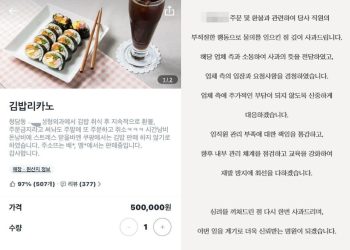 한 배달 플랫폼에 올라온 김밥집 메뉴 사진(왼쪽)과 성형외과 사과문. 사진 온라인커뮤니티·성형외과 홈페이지 캡처