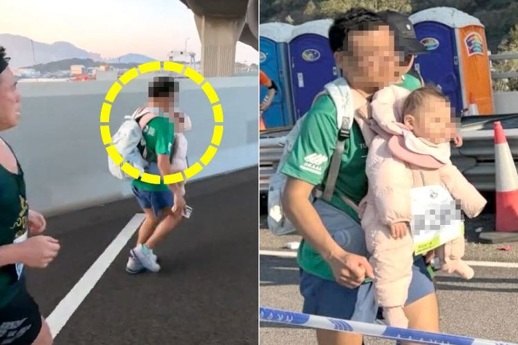 지난 21일 홍콩에서 열린 마라톤 대회에서 한 남성 참가자가 아기를 가슴에 안고 배낭을 멘 채 달리는 모습이 포착됐다. 사진 유튜브 캡처