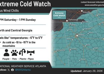 주말을 앞두고 발효된 겨울 폭풍 주의보가 29일 메트로 애틀랜타 대부분 지역까지 확대됐다. [애틀랜타 기상청 페이스북]
