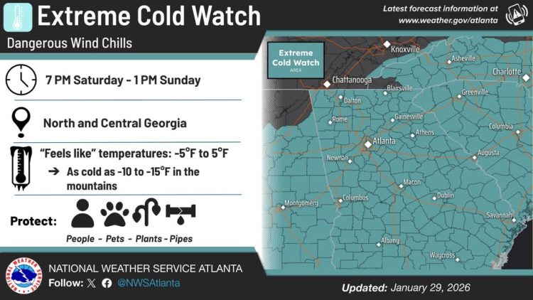 주말을 앞두고 발효된 겨울 폭풍 주의보가 29일 메트로 애틀랜타 대부분 지역까지 확대됐다. [애틀랜타 기상청 페이스북]