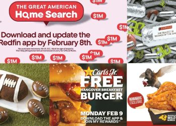 (왼쪽 위부터 시계방향으로) 레드핀의 주택 경품 행사 홍보자료. 치폴레, 버팔로 와일드 윙스, 칼스주니어의 수퍼보울 이벤트 광고. 8일까지 판매되는 파리바게뜨의 한정판 디저트. [업체 제공]