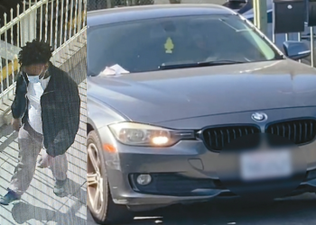 샘 커뮤니티교회 CCTV에 포착된 용의자로 추정되는 남성(왼). 용의자가 타고 온 것으로 추정되는 회색 BMW 차량. [샘 신 목사 제공]