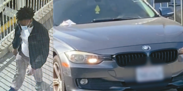 샘 커뮤니티교회 CCTV에 포착된 용의자로 추정되는 남성(왼). 용의자가 타고 온 것으로 추정되는 회색 BMW 차량. [샘 신 목사 제공]