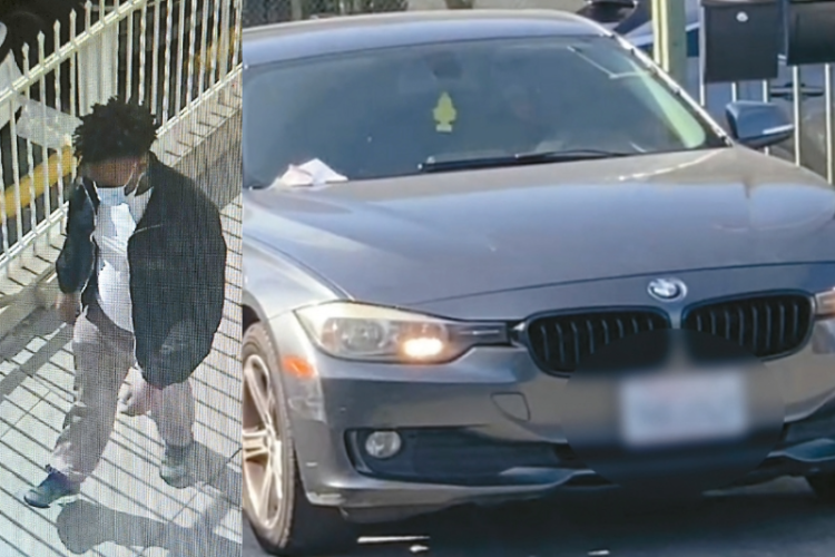 샘 커뮤니티교회 CCTV에 포착된 용의자로 추정되는 남성(왼). 용의자가 타고 온 것으로 추정되는 회색 BMW 차량. [샘 신 목사 제공]