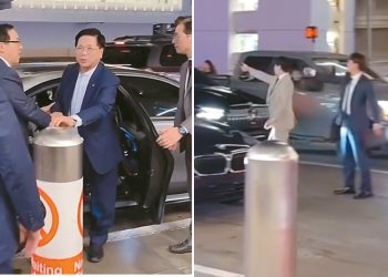 (왼쪽) 정차한 차량에서 이영훈 목사가 내리고 있다. 이 목사 왼편이 나성순복음교회 진유철 담임목사. (오른쪽)
LA국제공항 톰 브래들리 터미널 앞 도로 위에서 정장 차림의 남성들이 차량을 통제하고 있다. [joy.of.everything 인스타그램 캡처]