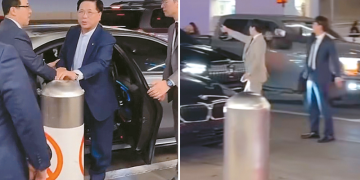 (왼쪽) 정차한 차량에서 이영훈 목사가 내리고 있다. 이 목사 왼편이 나성순복음교회 진유철 담임목사. (오른쪽)
LA국제공항 톰 브래들리 터미널 앞 도로 위에서 정장 차림의 남성들이 차량을 통제하고 있다. [joy.of.everything 인스타그램 캡처]