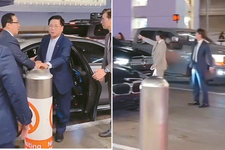 (왼쪽) 정차한 차량에서 이영훈 목사가 내리고 있다. 이 목사 왼편이 나성순복음교회 진유철 담임목사. (오른쪽)
LA국제공항 톰 브래들리 터미널 앞 도로 위에서 정장 차림의 남성들이 차량을 통제하고 있다. [joy.of.everything 인스타그램 캡처]